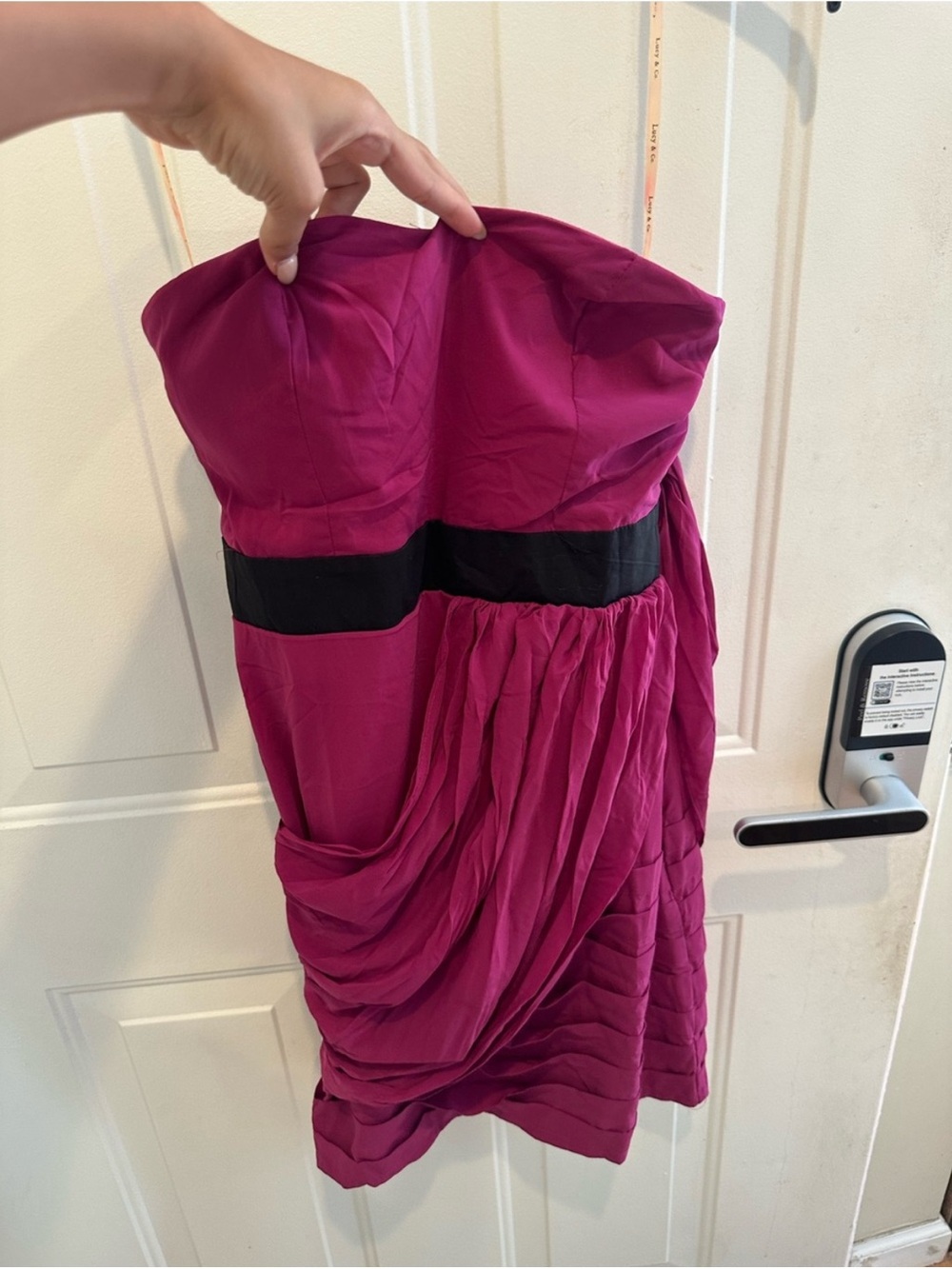 Strapless Magenta Cocktail Dress with Black Waistband